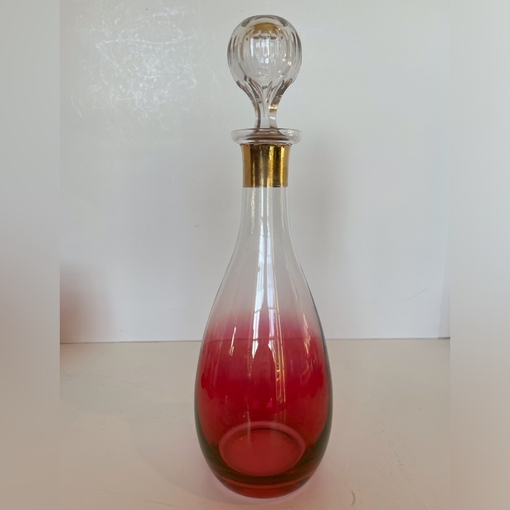 Vintage Cranberry Glass Decanter with Crystal Stopper & 6 Wine Glasses Set - Picture 2 of 15